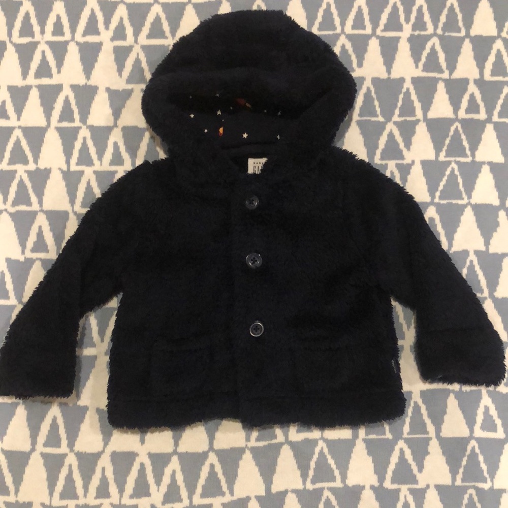 EUC soft fuzzy fleece navy blue button down hoodie